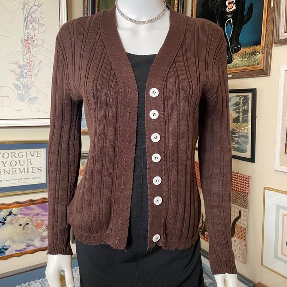 70s Vintage Bobbie Brooks Brown Rin Knit Long Sleeve V-Neck Cardigan Sweater M - Picture 1 of 4